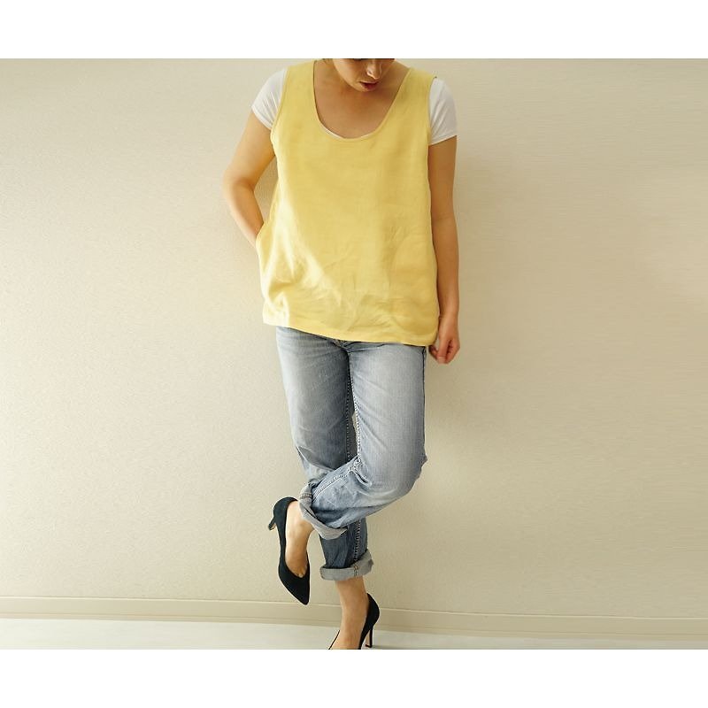 【wafu】 Belgian linen 100%  Tank top with pockets / Jaune Paille t9-1 - ベスト - コットン・麻 イエロー