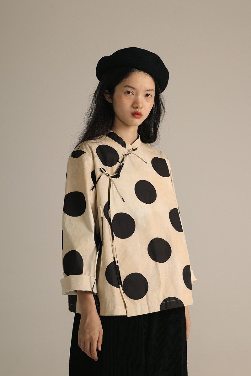 Improved Chinese style blouse vintage do old polka dot shirt - Women's Tops - Cotton & Hemp Black