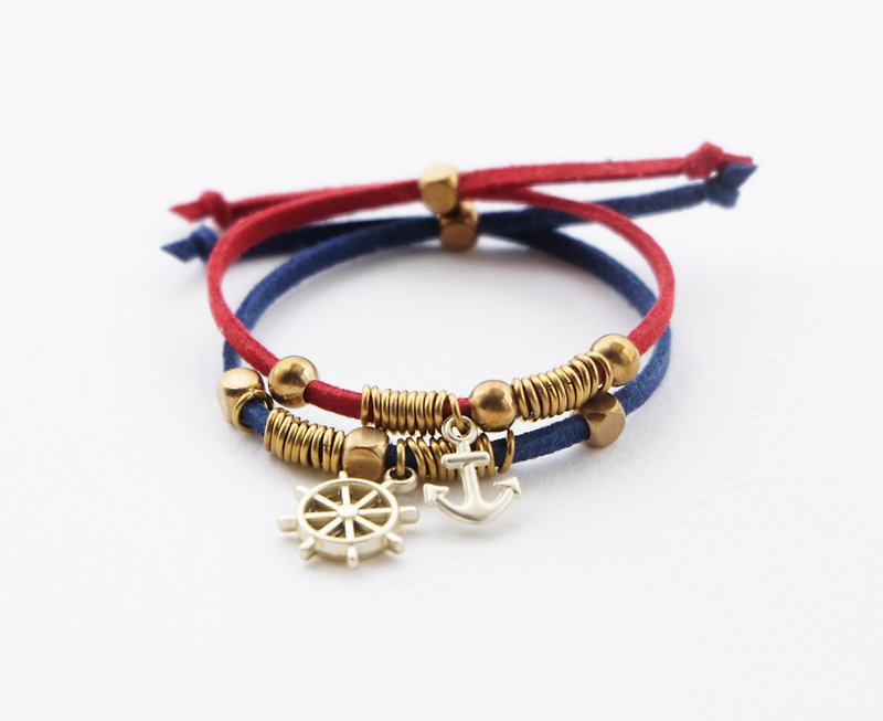 Red/Navy blue anchor ship-wheel charms with brass materials - set bracelets - สร้อยข้อมือ - หนังเทียม สีน้ำเงิน