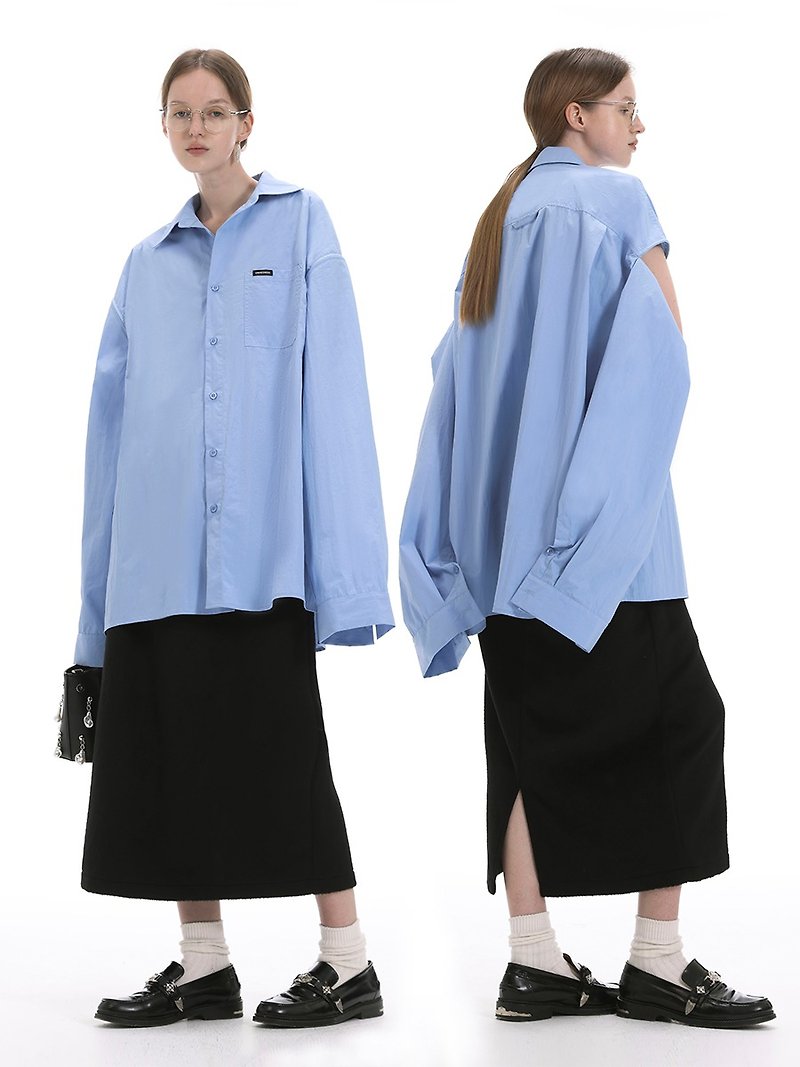 Unvesno (UN) oversized silhouette breathable zipper cuff skin-friendly long-sleeved shirt SWS-1685 - Men's Shirts - Cotton & Hemp Black