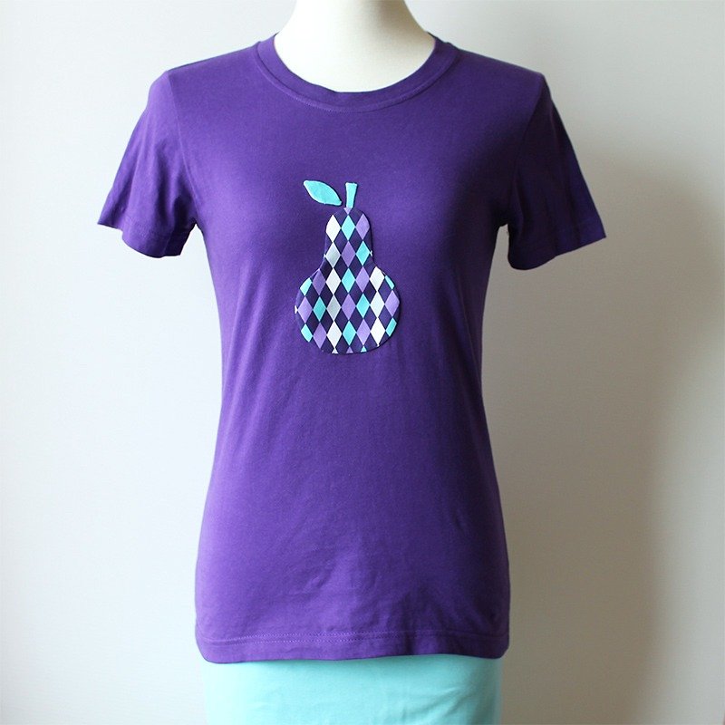 菱格紋西洋梨短袖T-shirt - 女 T 恤 - 棉．麻 藍色