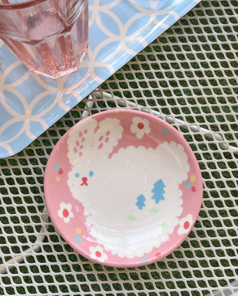 雲朵小兔盤 - 盤子/餐盤 - 陶 粉紅色