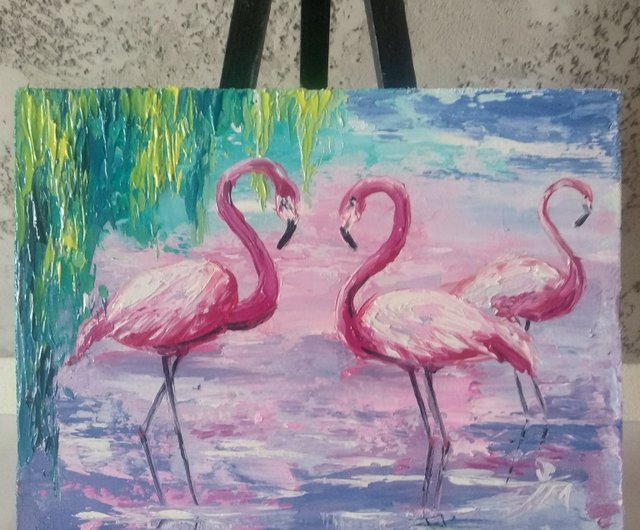 に*け様 「 逃げることをやめたフラミンゴ 」｜絵画 原画 抽象画 動物画 ドロ フラミンゴの絵。オリジナルの絵。フラミンゴのウォールアート