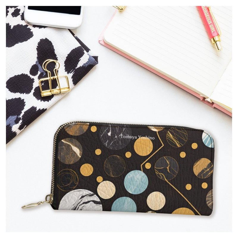 A stylish long wallet pouch in genuine leather with a luxurious and mysterious marble design featuring colorful polka dots. - Wallets - Genuine Leather Multicolor