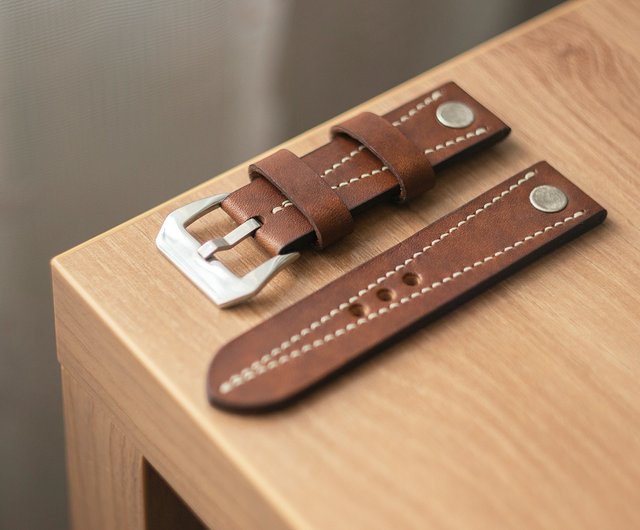 Brown leather watch strap, panerai pam style, brutal, veg tanned