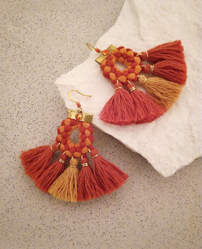 Orange Gypsy Fan Tassels Festival Earrings Boho Style - Earrings & Clip-ons - Thread Orange