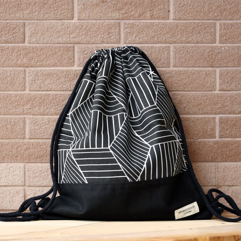 束口後背包/束繩包/束口袋 ~ 幾何圖案(B150) - 束口袋/束口背包/水桶包 - 棉．麻 黑色