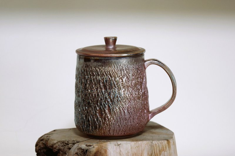 Wood-fired covered cup/mug/420ml/burst pattern/Takima Shiko - Mugs - Pottery 