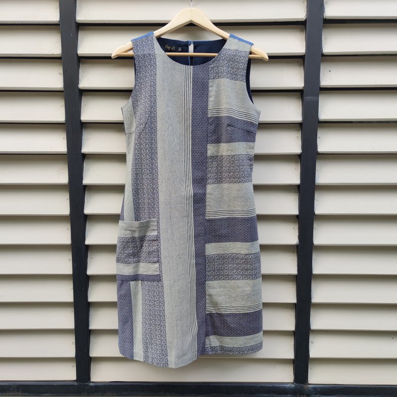 Navy Blue Mini Dress - Mix Printed Pattern - 洋裝/連身裙 - 棉．麻 藍色