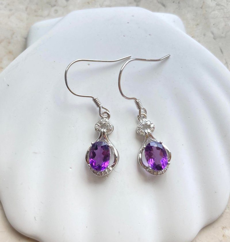 Natural Amethyst Earrings 925 Sterling Silver Earrings Rings Stone Gemstone Light Jewelry Semi Gemstone - ต่างหู - เครื่องเพชรพลอย สีม่วง