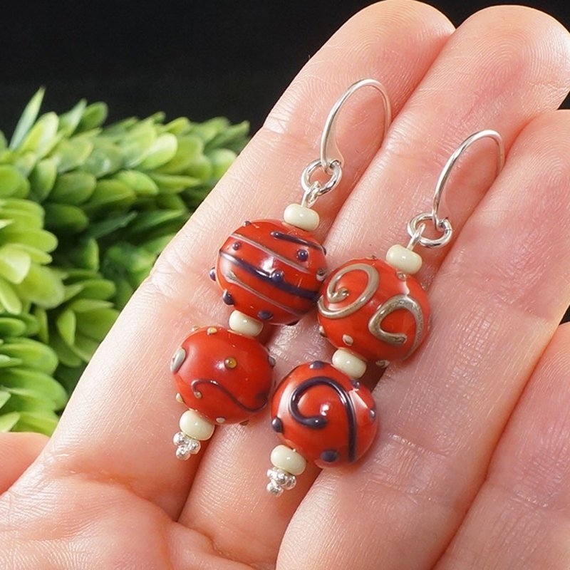 Red Beige Lampwork Murano Glass Sterling Silver Large Hook Earrings Jewelry Gift - 耳環/耳夾/耳骨夾 - 玻璃 紅色