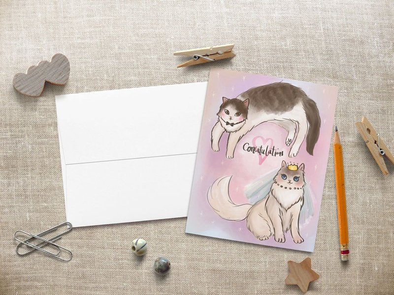 Meow family cat wedding card wedding card Bestar X Yen Arts+Design - Cards & Postcards - Paper Pink