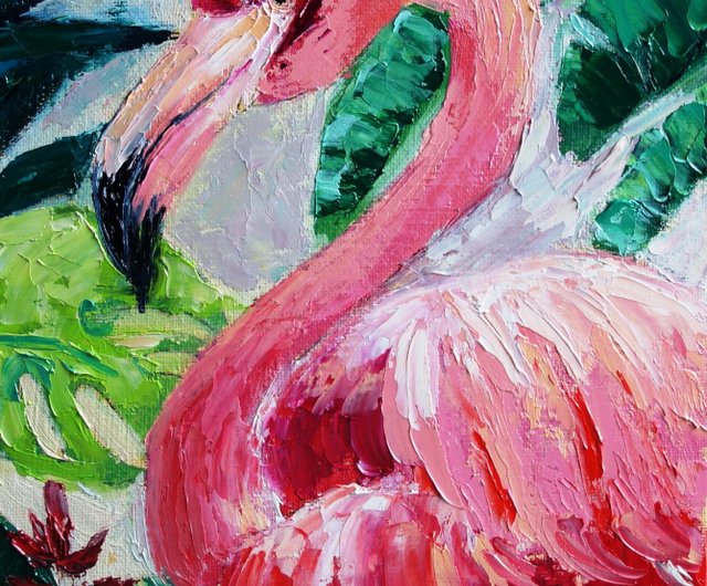 フラミンゴ油絵オリジナルアート鳥アートワーク動物キャンバスアートインパスト - ショップ ArtshopLiliya ポスター・絵 - Pinkoi