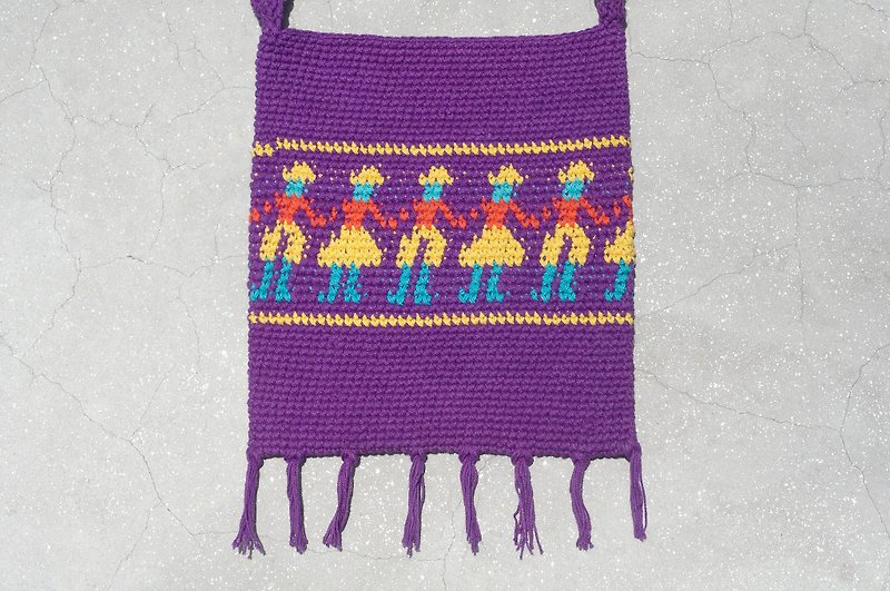 Christmas gift limited one piece of natural cotton crocheted tassel cross body bag / backpack / side bag / shoulder bag / travel bag-hand in hand tour the world (purple) - Messenger Bags & Sling Bags - Cotton & Hemp Purple
