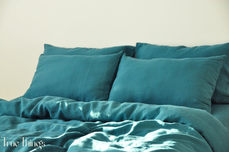 Teal linen pillowcase / Blue pillow cover / Euro, American, Taiwan size - 寢具/床包 - 亞麻 藍色
