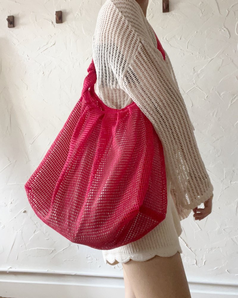 Red mesh net knotted folding accordion bag - Messenger Bags & Sling Bags - Other Materials Red