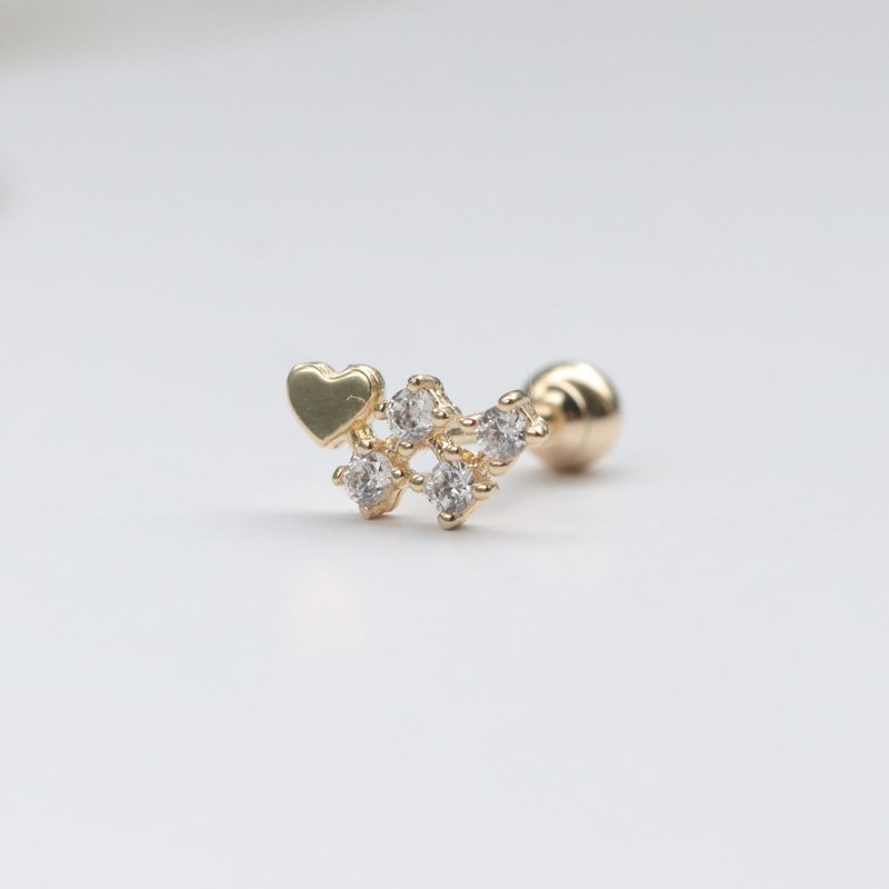 14K 愛心鑽鎖珠耳環 (單個)耳骨 耳窩 不退色 - 耳環/耳夾/耳骨夾 - 貴金屬 金色
