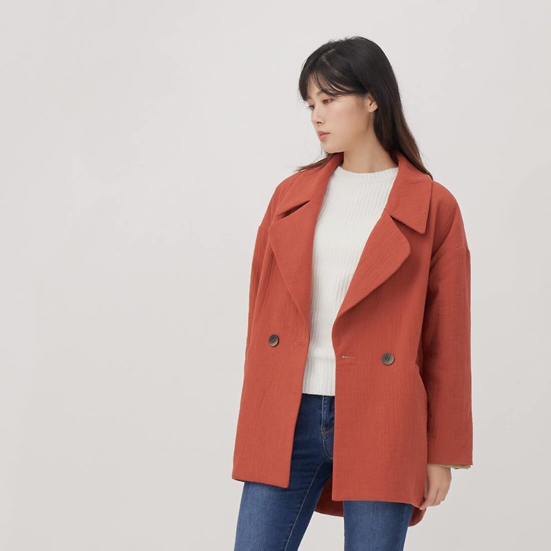 DBeata 雙排釦雙層棉西裝外套/磚紅 - 女西裝外套 - 棉．麻 紅色