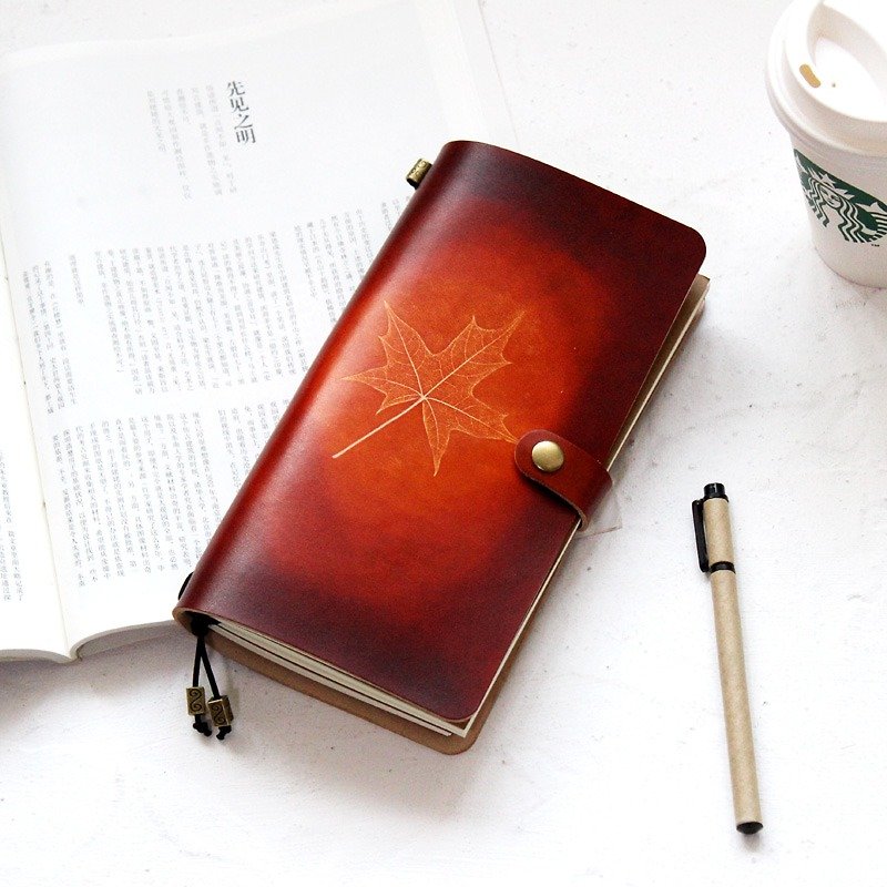 Red-brown maple leaf hand book leather notebook / diary / travel book / notebook can be customized - Notebooks & Journals - Genuine Leather Gold