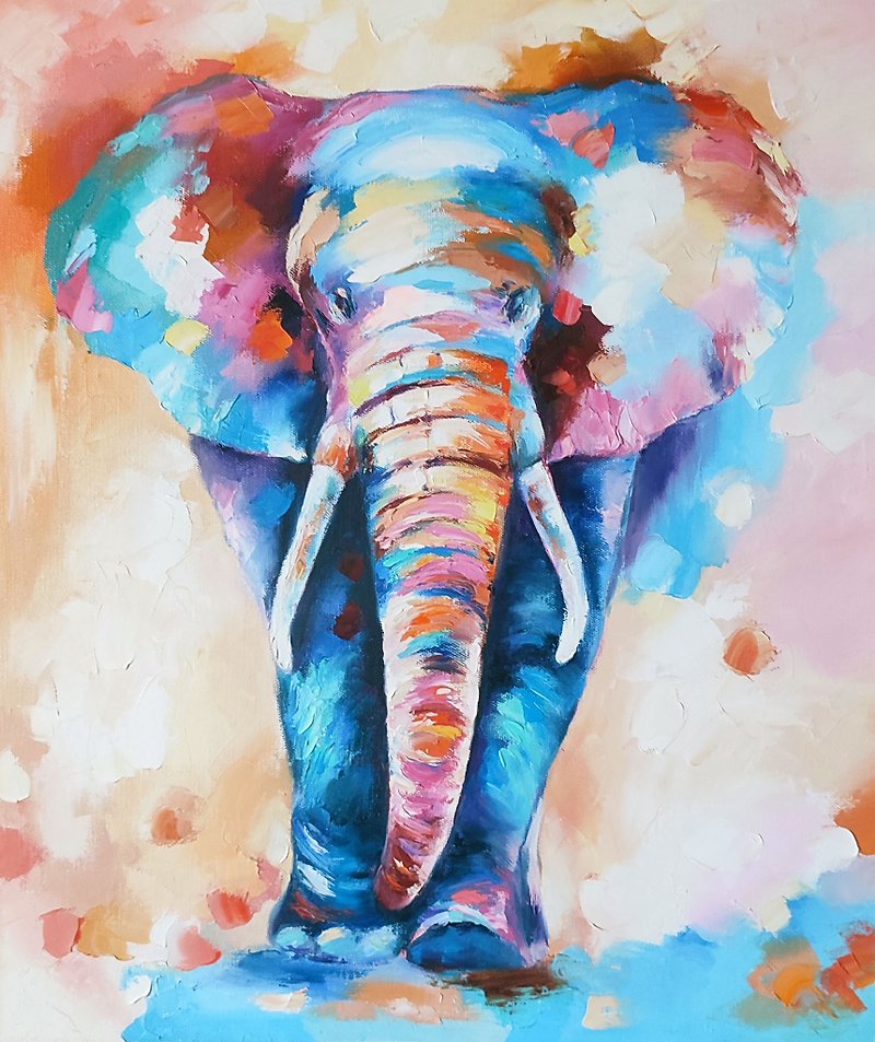 Colorful Elephant Painting Animals Original Art Canvas Elephant Oil Artwork - 牆貼/牆身裝飾 - 其他材質 多色