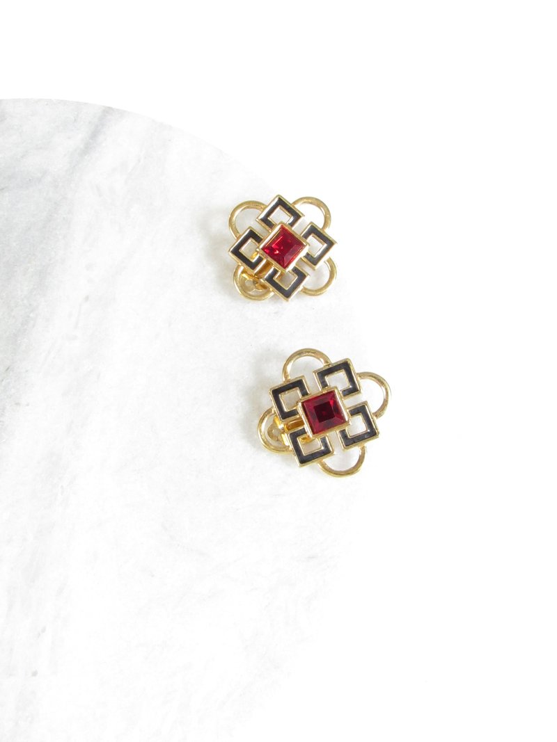 Vintage Art Deco Ruby Crystal Statement Earrings - 耳環/耳夾/耳骨夾 - 貴金屬 金色