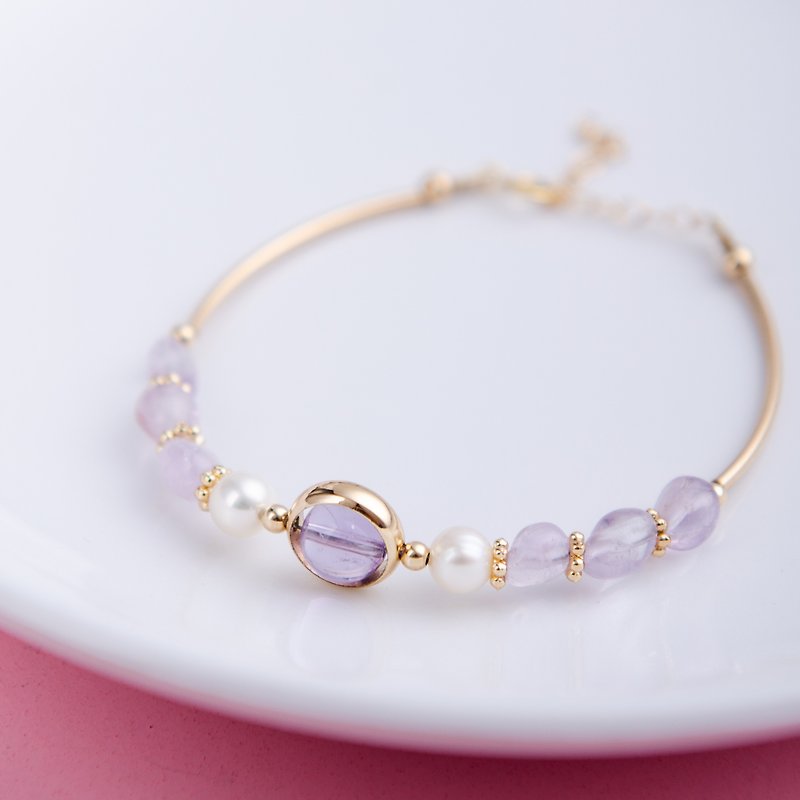 Lavender Amethyst, Pearl, 14K Gold Filled Natural Gemstone Crystal Bracelet - สร้อยข้อมือ - เครื่องประดับพลอย สีม่วง