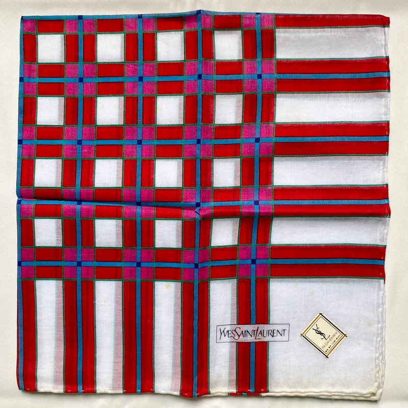 Vintage Yves Saint Laurent YSL Plaid Geometric Red White Cotton Handkerchief - 手帕 - 棉．麻 紅色