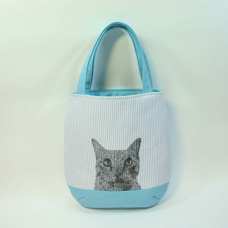 Embroidery handbag 02-cat - กระเป๋าถือ - ผ้าฝ้าย/ผ้าลินิน สีน้ำเงิน