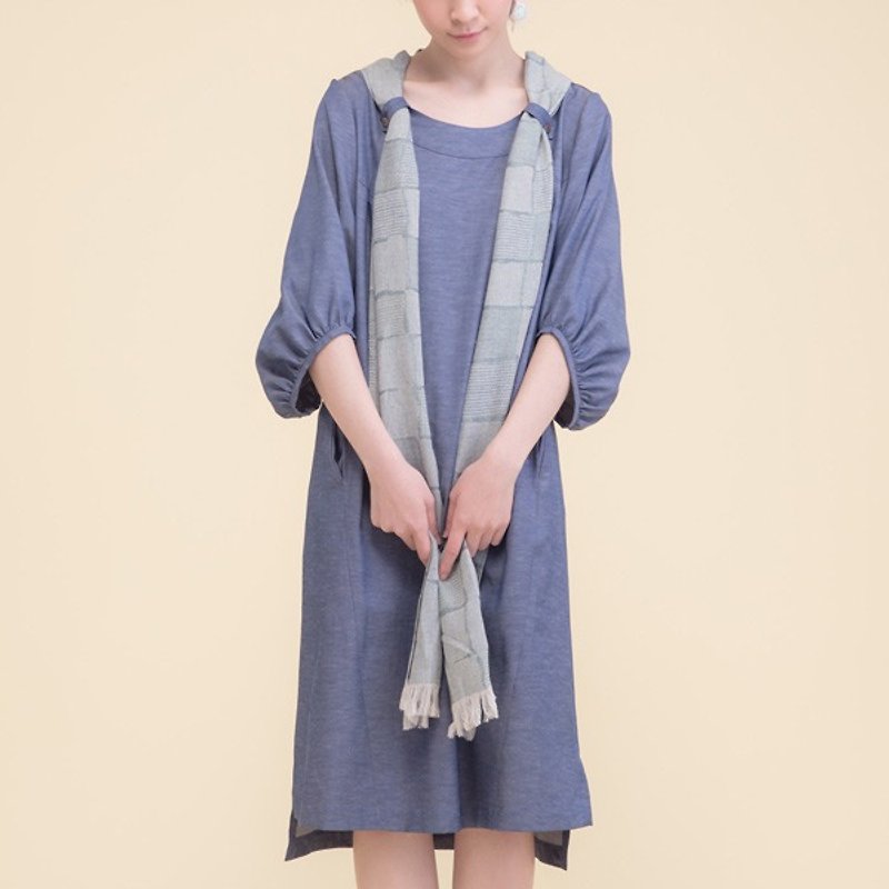 Streamer twinkling Scarf sleeved dress - hsuhai grassland - ชุดเดรส - ผ้าฝ้าย/ผ้าลินิน สีน้ำเงิน