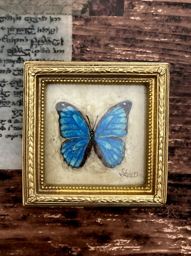 Blue butterfly framed painting-Morpho menelaus, Vintage ,Antique Style,Miniature - Posters - Paper Blue