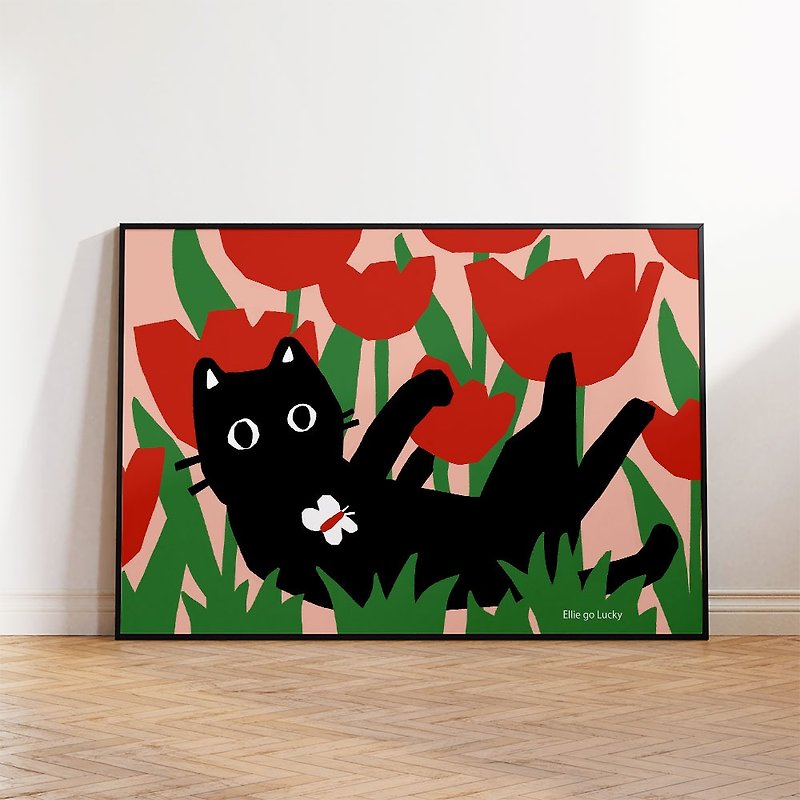 Art print Cat in the Tulip Fields  Illustration poster A3,A2 - 海報/掛畫/掛布 - 紙 