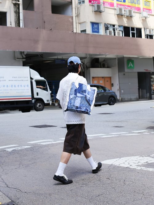 ブルーデニムパッチワークトートバッグ ミディアム - ショップ