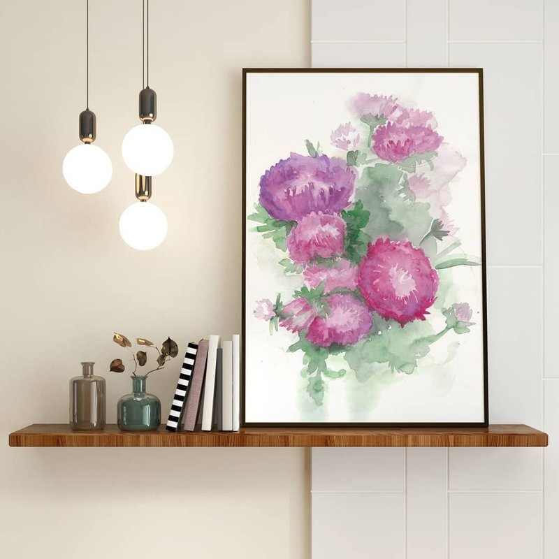 Bouquet of asters, watercolor drawing on paper. Home decor, handmade gift. - Wall Décor - Paper Purple