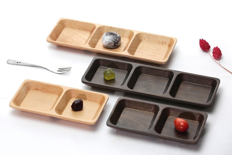 Leisure snack tray (2 slots + 3 slots) Two-piece group (beech / walnut) - Small Plates & Saucers - Wood 