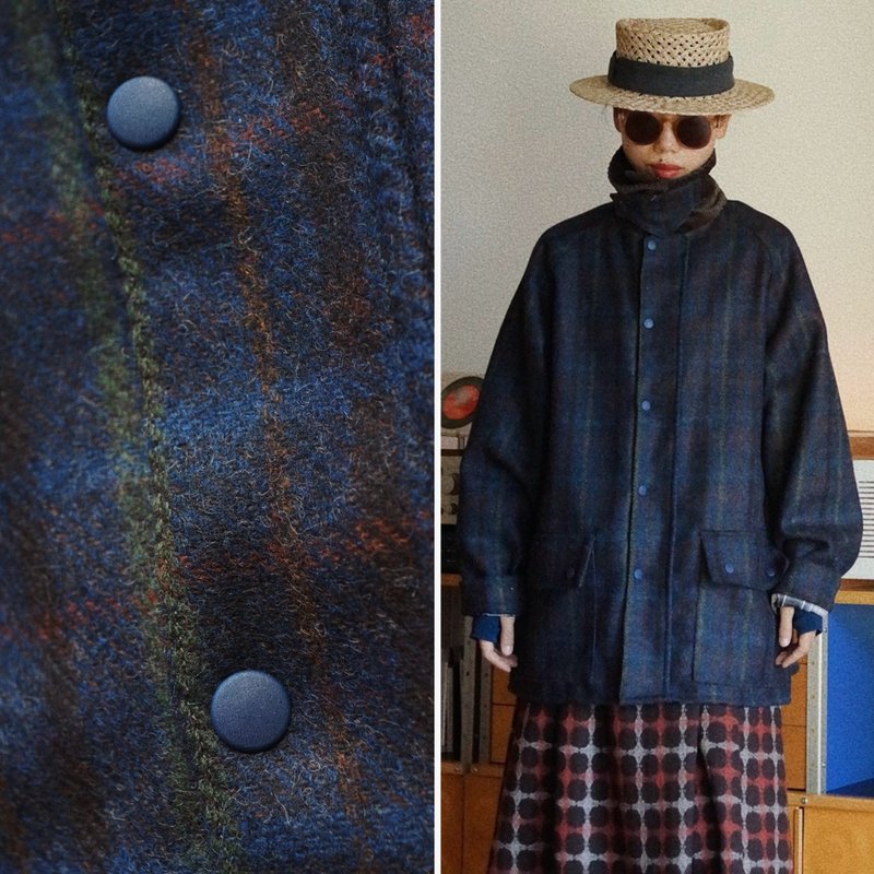 Italian Retro Orange Blue Brown Green Gray Plaid Winter British Jacket Coat Wool Coarse Floral - เสื้อแจ็คเก็ต - ขนแกะ สีน้ำเงิน