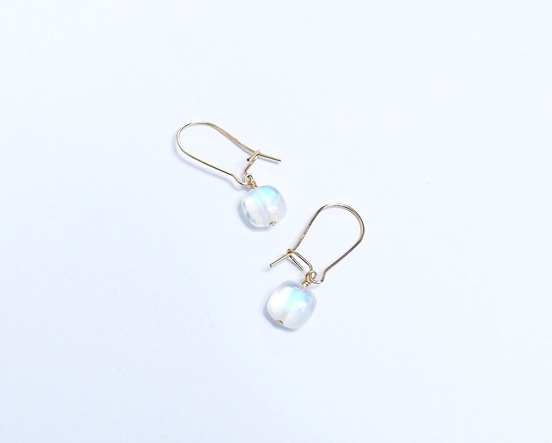 Rounded small square sugar French earrings top glass body blue halo moonstone 14K GF gift natural stone - ต่างหู - เครื่องเพชรพลอย ขาว