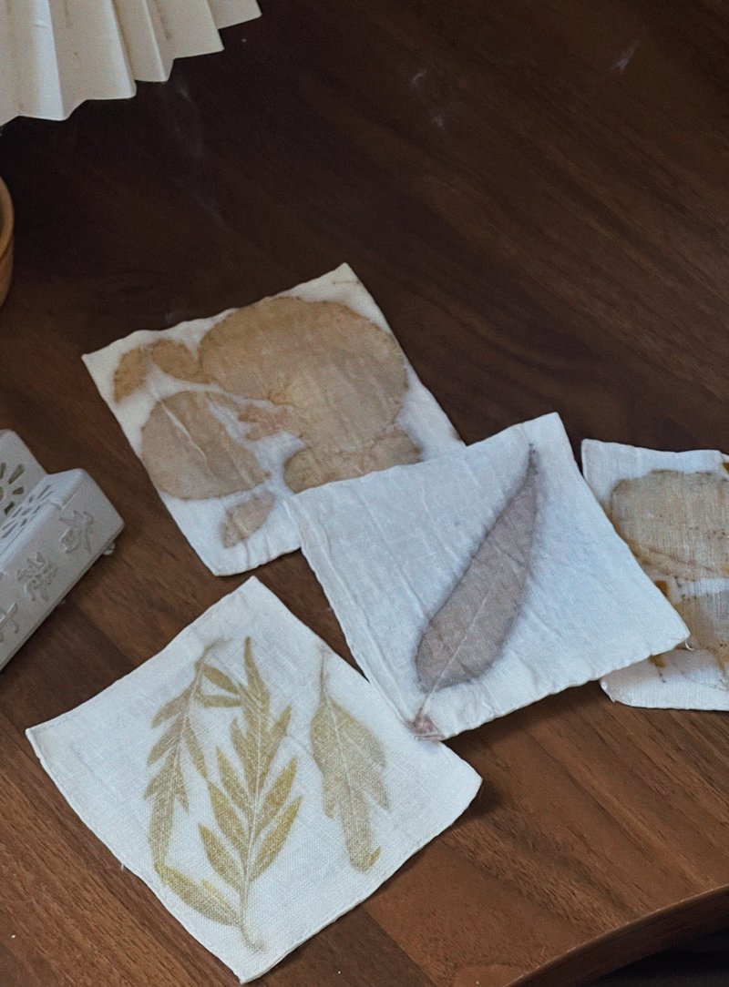 植物印染天然染棉麻杯墊 - 絲巾 - 棉．麻 咖啡色