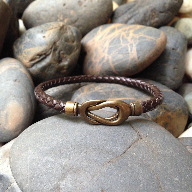 Weave Leather Bracelet with Infinite Antique Brass Clasp - Bracelets - Genuine Leather Brown