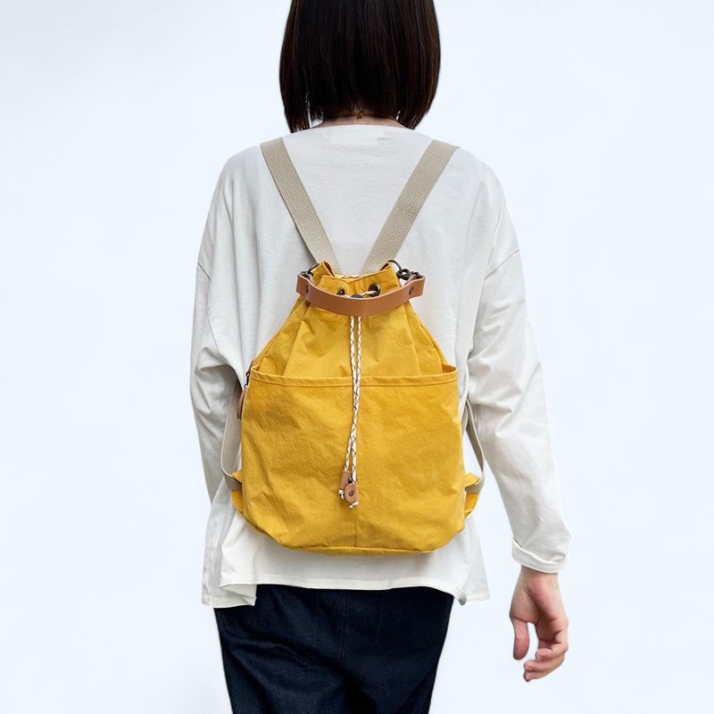 Small backpack, yellow, KONBU, water-repellent nylon material, drawstring backpack, made to order - Backpacks - Nylon Yellow