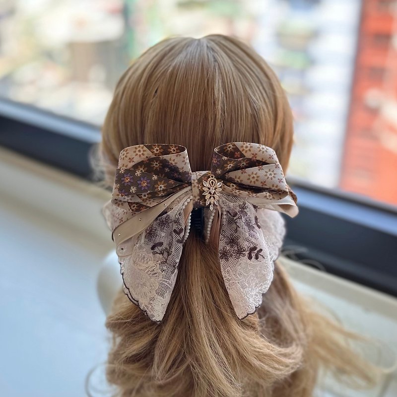 Exclusive lace bow intersecting clip banana clip fairy clip hair clip - brown collage print - Hair Accessories - Other Materials Brown