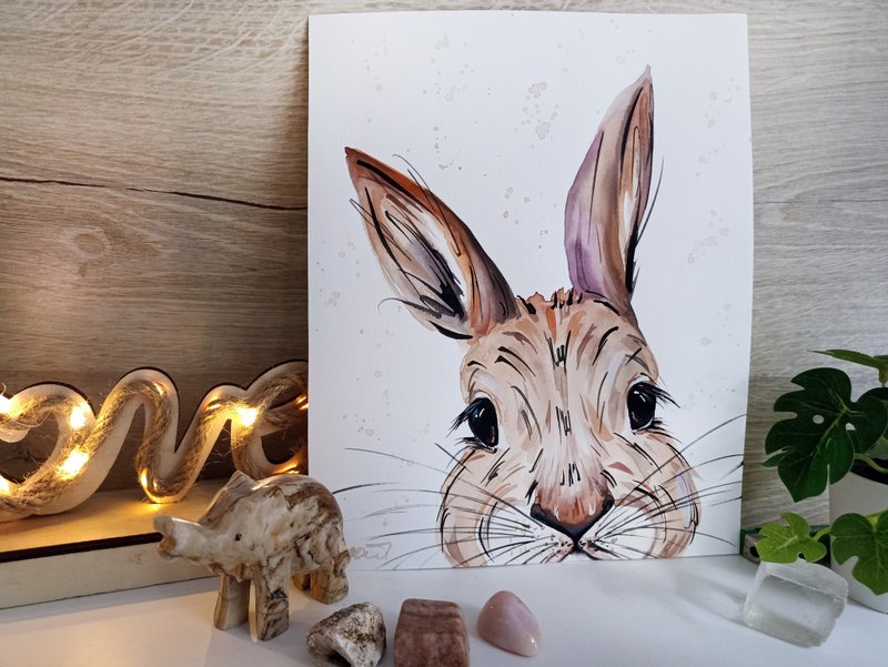 Watercolor original bunny animal room decor hare painting rabbit  Anne Gorywine - 壁貼/牆壁裝飾 - 紙 白色