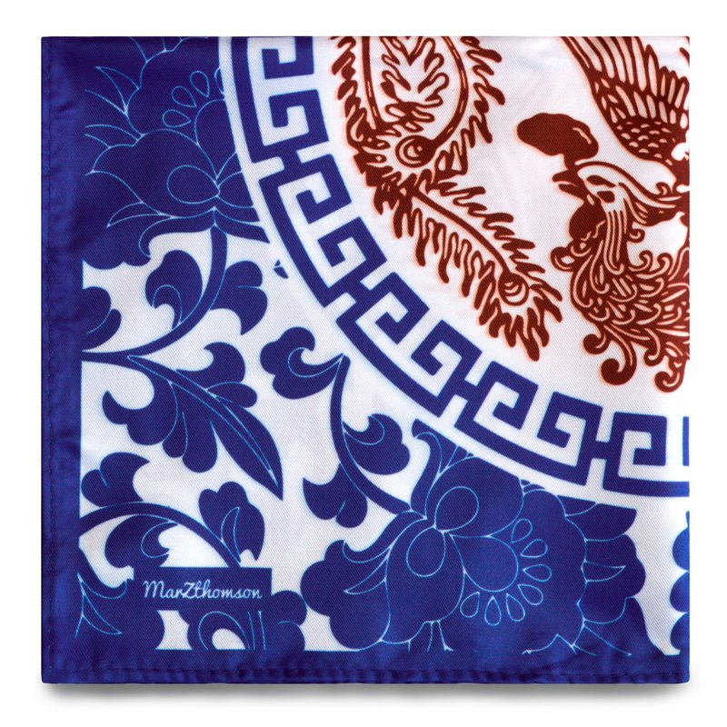 Peranakan Phoenix and Peony Flower Print Pocket Squares in Navy and Maroon - Scarves - Polyester Blue