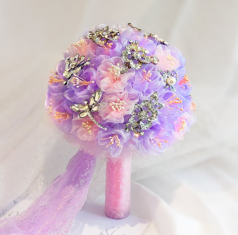 Dream Arto Summer Flower Elf Jewelry Bouquet Translucent Ribbon Rhinestone Bouquet Hand Bouquet - Dried Flowers & Bouquets - Silk Purple