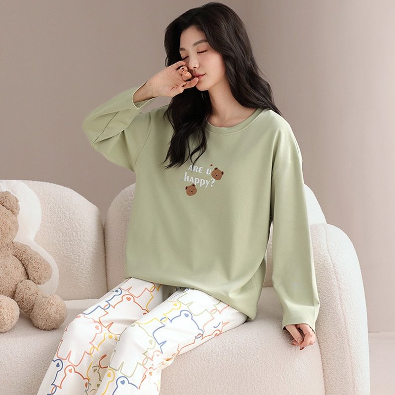 Pink Lady 罩杯式雙面棉 快樂小熊 長袖成套睡衣秋冬兩件式居家服 - 睡衣/居家服 - 其他人造纖維 綠色