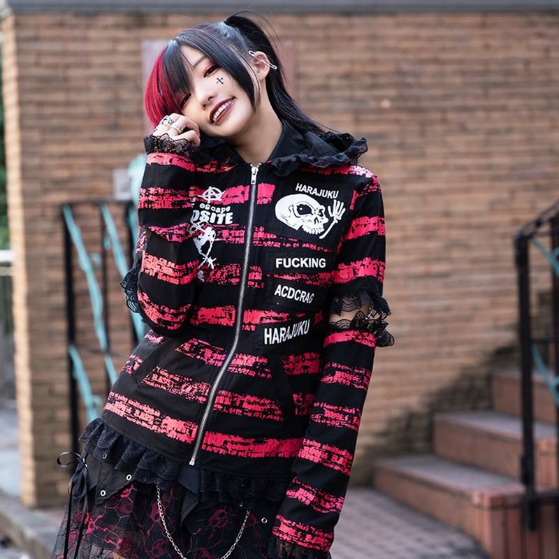 Underworld Rabbit Ears Shaped Lace Sleeve Hooded Jacket With Sleeves Harajuku Cute【JA0452 - เสื้อผู้หญิง - เส้นใยสังเคราะห์ 