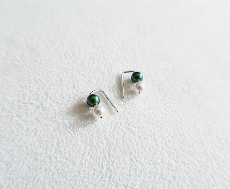 圓珠 耳環 孔雀綠白 925純銀 - 耳環/耳夾 - 純銀 綠色