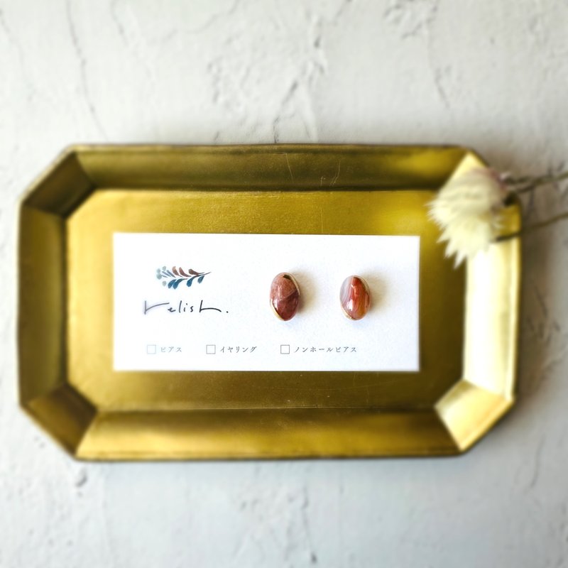 [Resale] White Orange Sardonyx Kintsugi Line Earrings Non-hole Earrings Simple Natural Stone Orange Gold White Small Small - Earrings & Clip-ons - Stone Orange