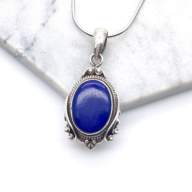青金石925純銀魔鏡風格項鍊 尼泊爾手工鑲嵌製作 - 項鍊 - 寶石 藍色