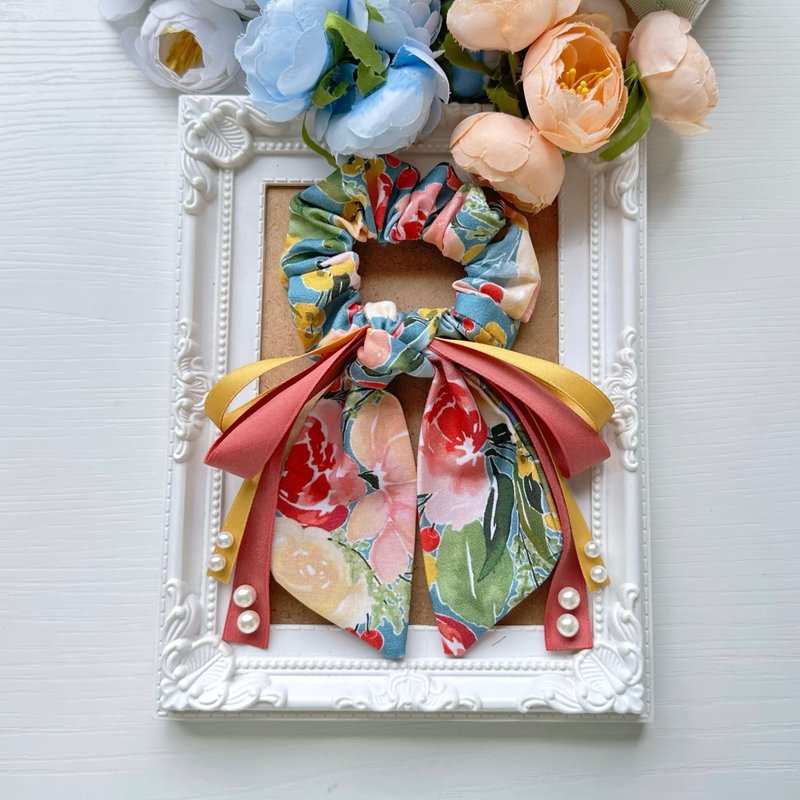 コットンロングテールリボンシュシュ - カラフルガーデン - ヘアアクセサリー - その他の素材 多色