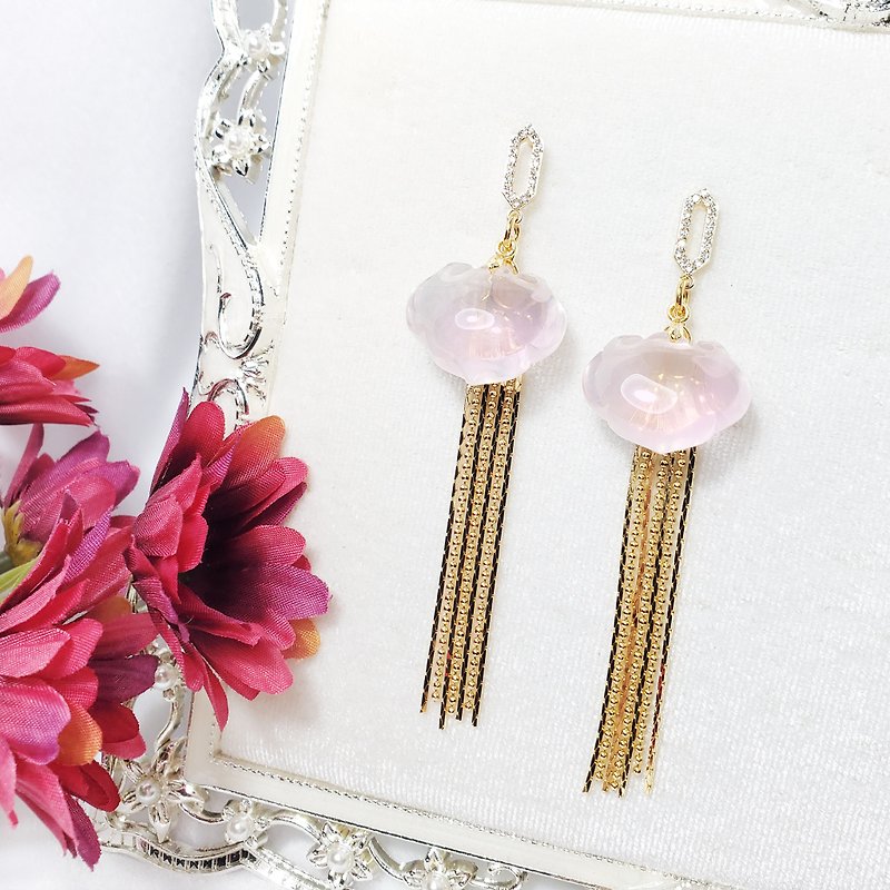 Natural Starlight Pink Crystal Ruyi Gold Tassel Popularity Wisdom Rich Peach Blossom Earrings Only This One - ต่างหู - เครื่องเพชรพลอย สึชมพู